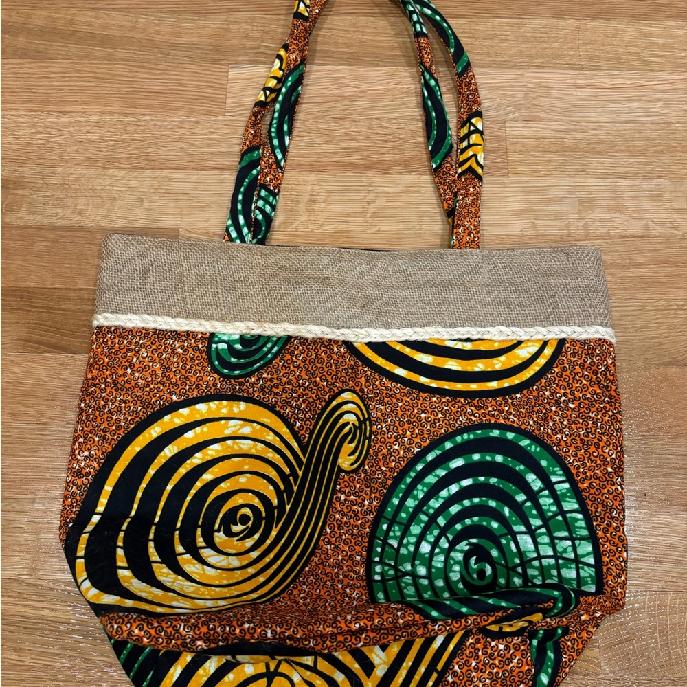 Colorful African Patterned Tote Bag with Woven Details